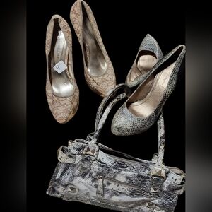 Neutral Lace Pumps and Snakeskin Handbag Set - Beige & Gray